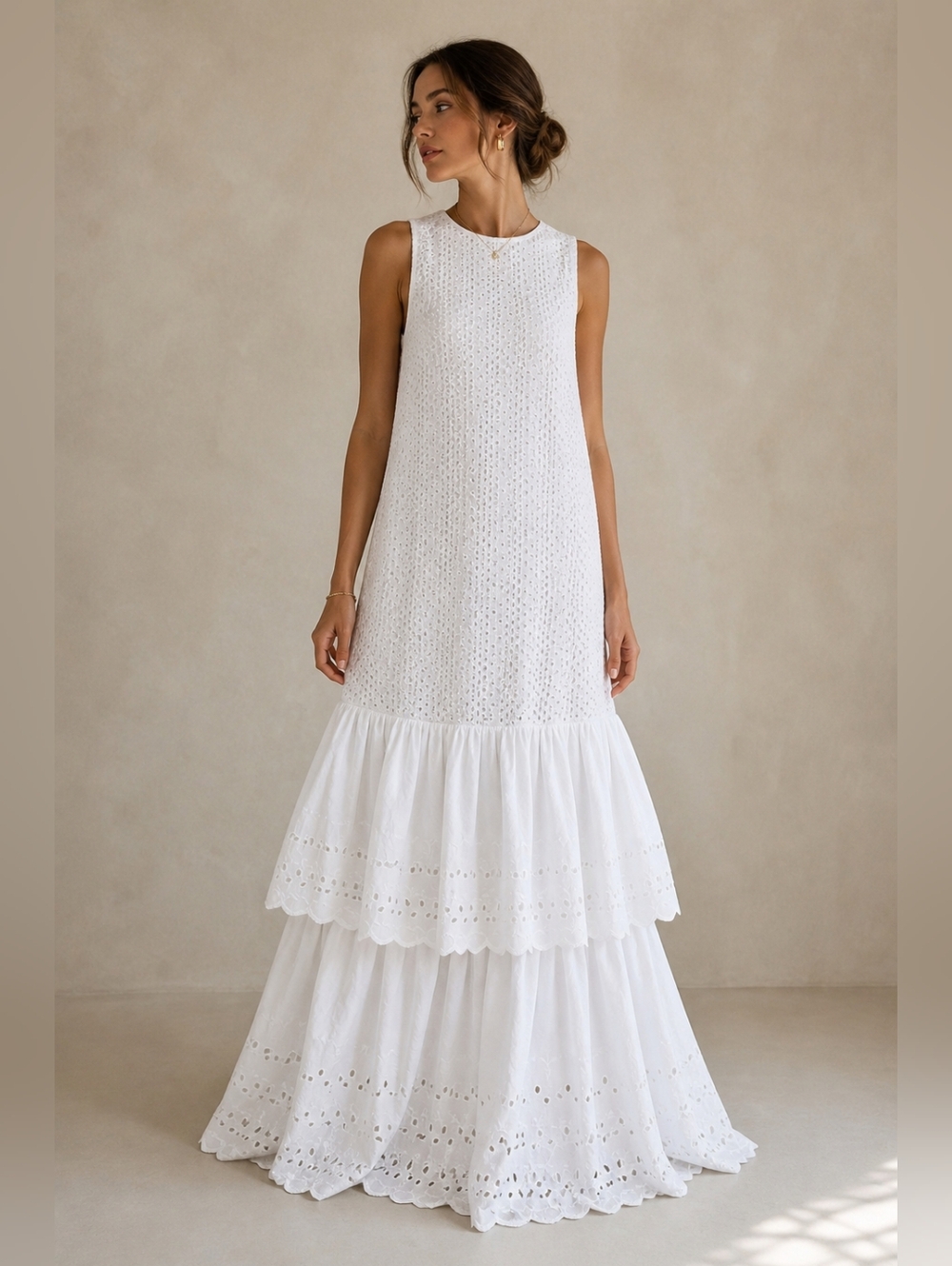 White Eyelet Maxi Dress Bridal Engagement Summer Dress, Tiered Scalloped Hem